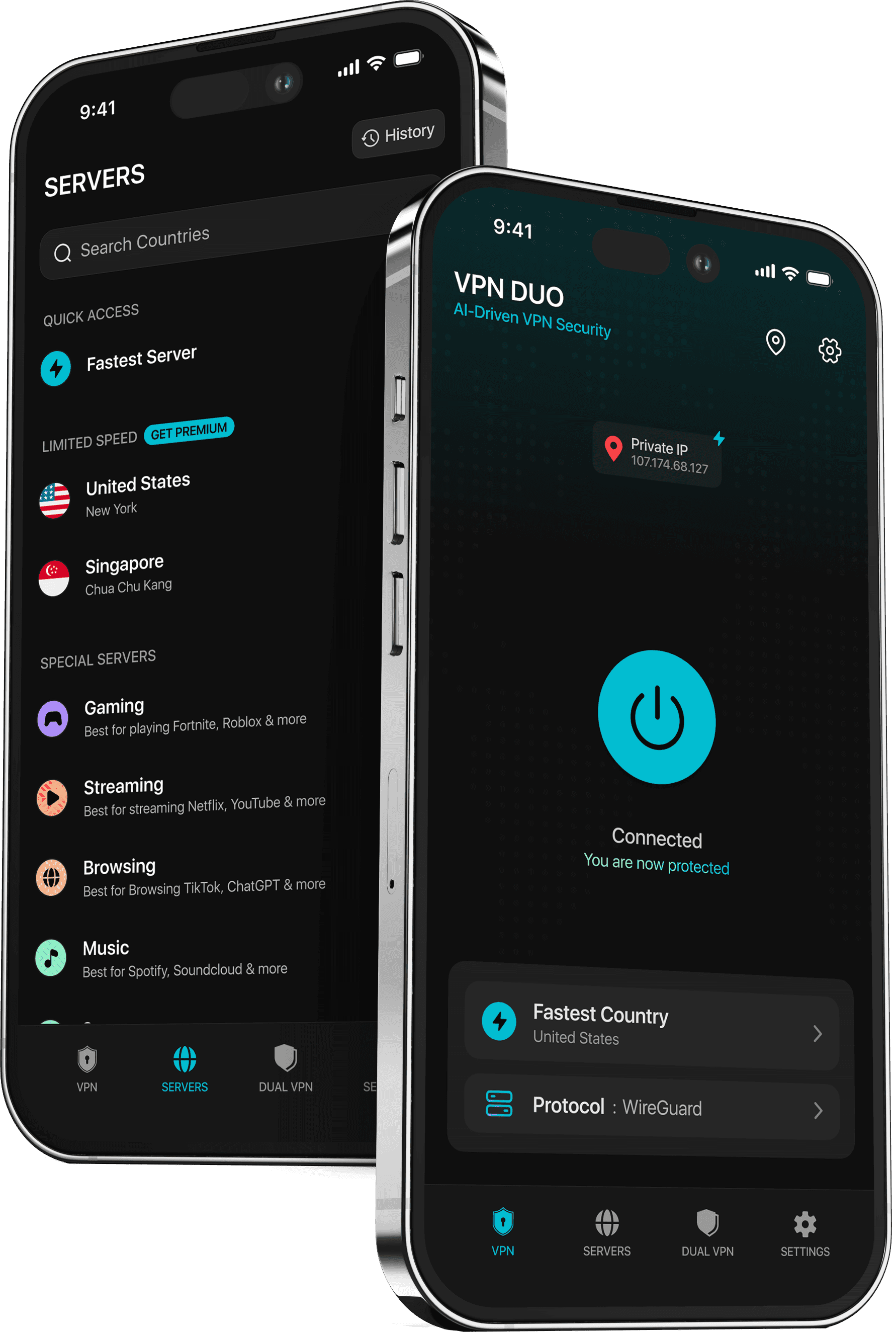 VPN Duo app interface showing available VPN server locations and showing a secure VPN connection